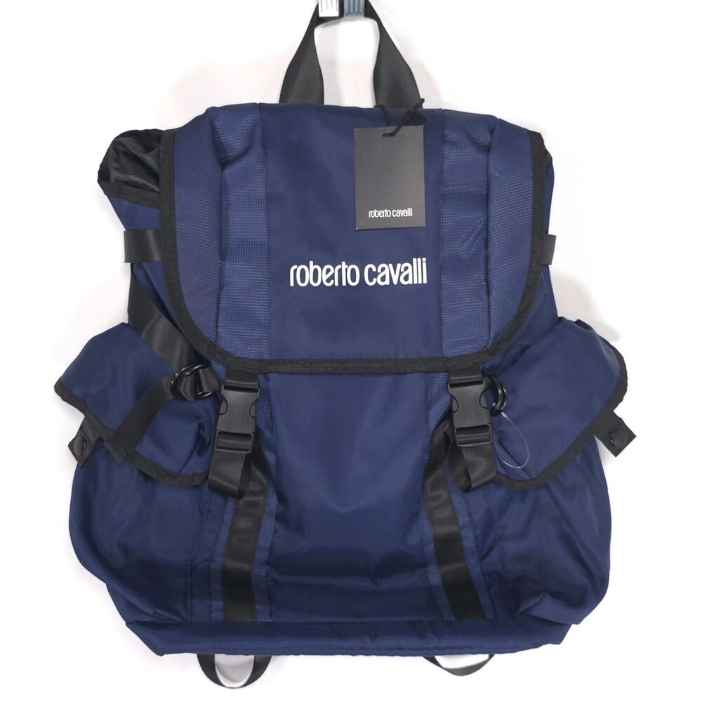 ROBERTO CAVALLI Unisex Navy Blue Travel Utility Backpack CasualSport Logo SSV00H